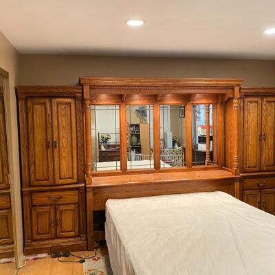 Full Double size Bedroom Set, Oak wall unit, lighted, cupboards and drawers