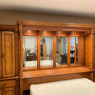 Full Double size Bedroom Set, Oak wall unit, lighted, cupboards and drawers