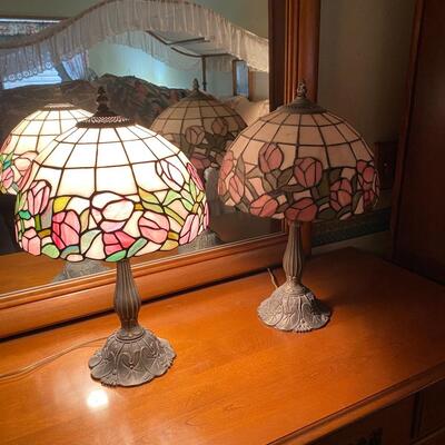 Pair of Small Stained Glass Dresser or Fireplace Lamps, pink flowers, window pane design