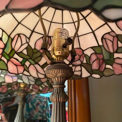 Pair of Small Stained Glass Dresser or Fireplace Lamps, pink flowers, window pane design