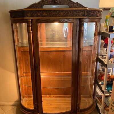  Antique Victorian tiger Oak China Cabinet Curio with Lion Heads and claw Feet