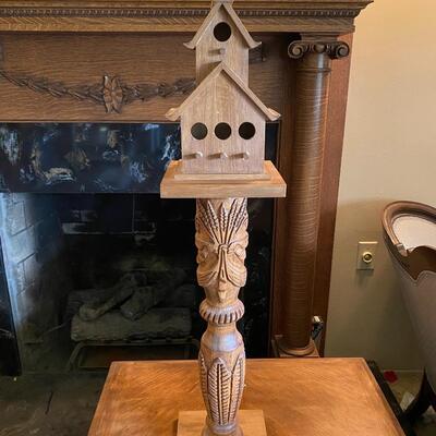 Wood Birdhouse on Carved Pedestal