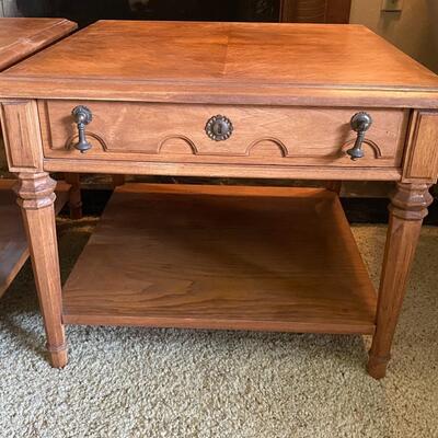 Pair of wood End Tables by J H Biggar Double Decker with Parque tops and one front drawer