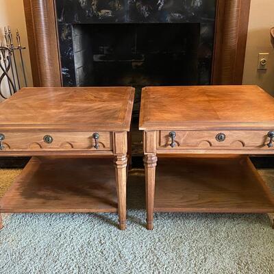 Pair of wood End Tables by J H Biggar Double Decker with Parque tops and one front drawer
