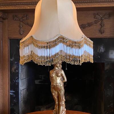 Art Nouveau Golden Mermaid Statue Lamp with fringed lampshade 28