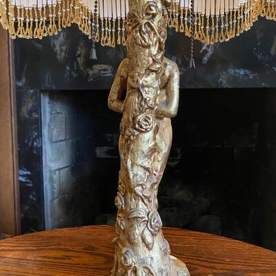 Art Nouveau Golden Mermaid Statue Lamp with fringed lampshade 28