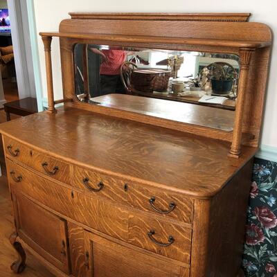 Lot 1 - Antique Oak Buffet with Mirror LOCAL PICK UP ONLY