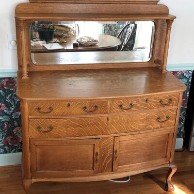 Lot 1 - Antique Oak Buffet with Mirror LOCAL PICK UP ONLY