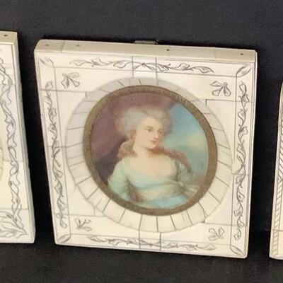 C1065 Three Miniature Portraits In Etched Bone Frames