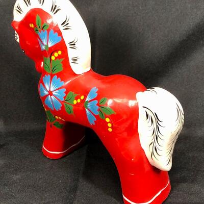 Vintage Dala Horse, folk art painted wood, red, approx. 13.5â€ tall