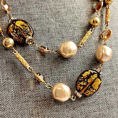 Lot 27  Long Strand Necklace Faux Pearls Venetian Glass Gold Tone Chain Rhinestones
