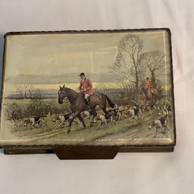 C1083 Miniature Two Drawer Chest Brass Box with Hunt Scene