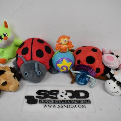 7 pc Stuffed Animal Toys: 2 Lady Bugs, Horse, Pig, Cow