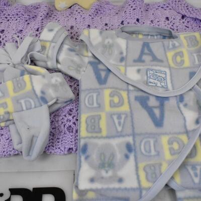 6 pc Baby: Purple Blanket Star Shaped Bank, 2 Bibs, 2 pc Winter Clothing