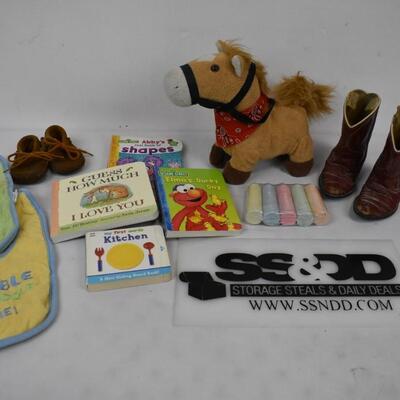 11 pc Baby/Toddler: 2 bibs, 4 books, Boots, Mocassins, chalk. Horse toy untested