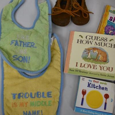 11 pc Baby/Toddler: 2 bibs, 4 books, Boots, Mocassins, chalk. Horse toy untested