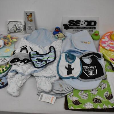 24 pc Baby Bibs, Burp Cloths, Rubber Ducks, Frames, Swaddles, Blanket, Utensils