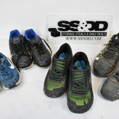 4 pairs Sports Shoes: Nike 10C, Nike 13C, Sketchers Blue Green 2.5, UA B&W 6Y