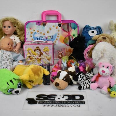 Girls' Toys Lot: Dolls, Stuffies, Ponies, Fan, Lunchbox, Folder, etc