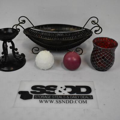 Lot of Decor: 2 Spherical Candles, Candle Holder, Vase, Display Bowl
