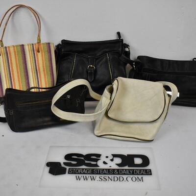 5 Purses/Handbags: 1 Tan, 1 Black, 2 Dark Brown, 1 Colourful - Used