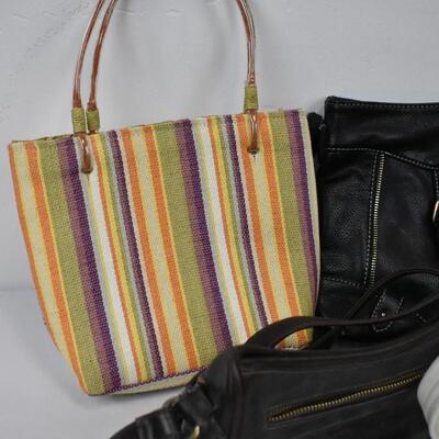 5 Purses/Handbags: 1 Tan, 1 Black, 2 Dark Brown, 1 Colourful - Used