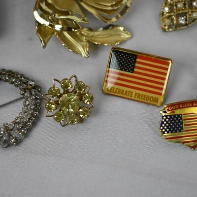 Lot of Costume Pins: Flags, Christian Symbology, Flowers, Parrot, and more