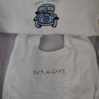 10 pc Baby & Kids Apparel: 3 bibs, 1 pants, 5 shirts, 1 blanket