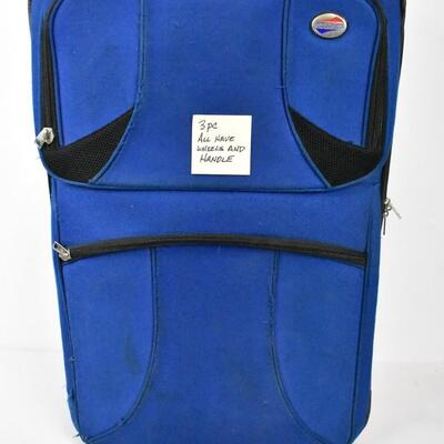 3 pc Blue Luggage by American Tourister: all have wheels & handles, show wear