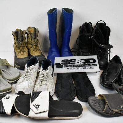 9 pairs Men's Shoes: Sizes 9-13: North Face, Morrow, Adidas, Nike, OP, Slippers