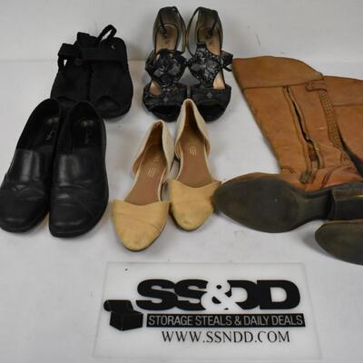 5 pairs Women's Shoes: Clarks 9, Heels 7.5, Tan Flats 8 by Toms, Boots 8