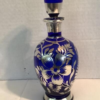 C1087 Silver Overlay Cobalt Glass Bottle with Stopper