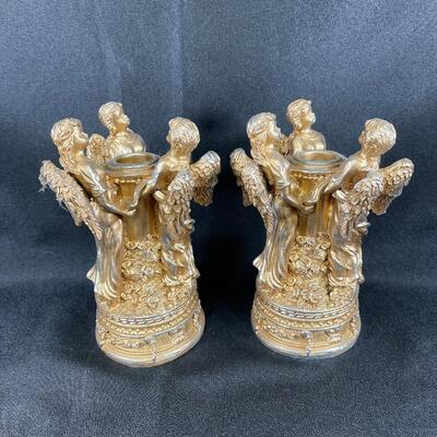 Candlestick holders, pair, angels, gold