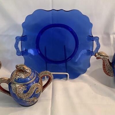 C1100 Japanese Moriage Three Piece Dragon Tea Set and Blue Glass Square Serving Plate with Handles