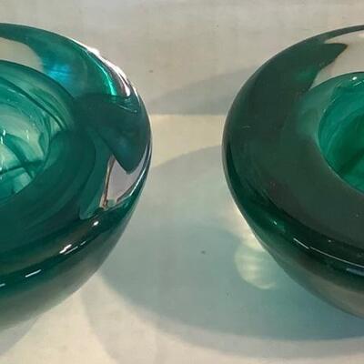 C1102 Pair of Green Swirl Kosta Boda Art Glass Votive Candle Holders