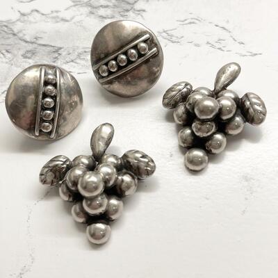 Lot 36  Vintage Mexican Silver Earrings & Pair of Grape Scatter Pins
