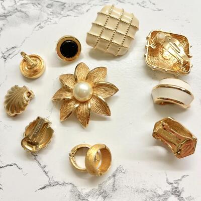 Lot 38  Vintage Designer Gold Tone Jewelry Clip Earrings Brooch Christian Dior St John Trifari