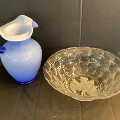 C1105 Hand Blown Cased Glass Pitcher and Vintage Etched Glass Serving Bowl