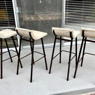 Lot 41  Set of 4 MCM Bar Stools Upholstered Seat Metal Legs Low Profile