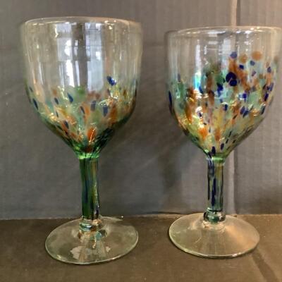 C1108 Murano Glass Leaf Dish and Pair of Glass Goblets