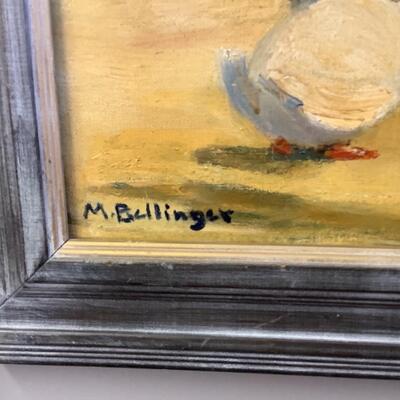 C1111 M. Bellinger Signed Framed Oil Painting on Canvas â€œChildren Feeding Geeseâ€