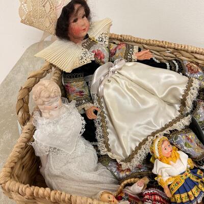 #307 B Backet of Dolls, Mostly Porcelain 