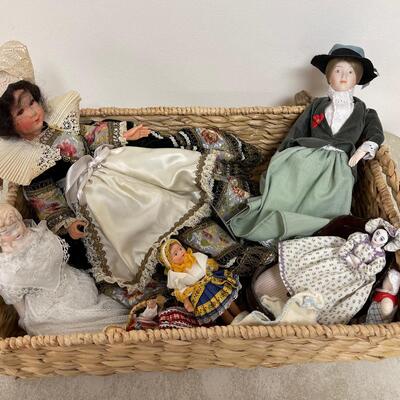 #307 B Backet of Dolls, Mostly Porcelain 