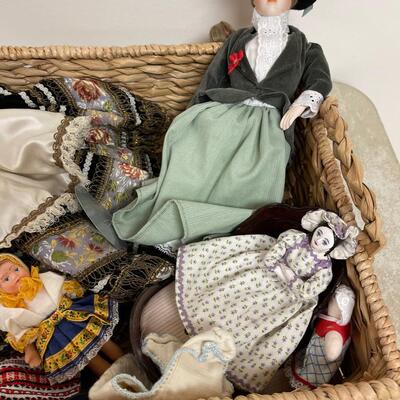#307 B Backet of Dolls, Mostly Porcelain 