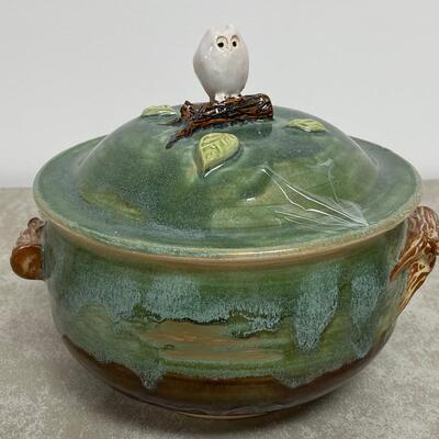 #320 B Studio Art Pottery of White Owl - Lidded Casserole Dish