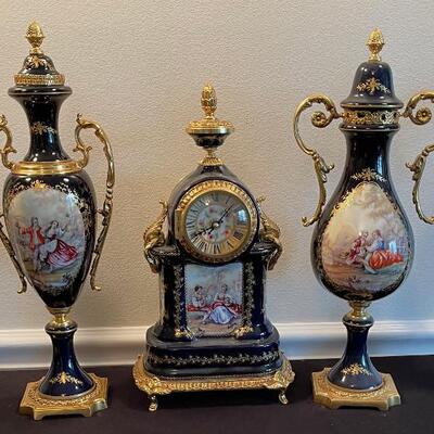 #352 (5) Piece French Mantel Clock set with Candelabras and Plus 