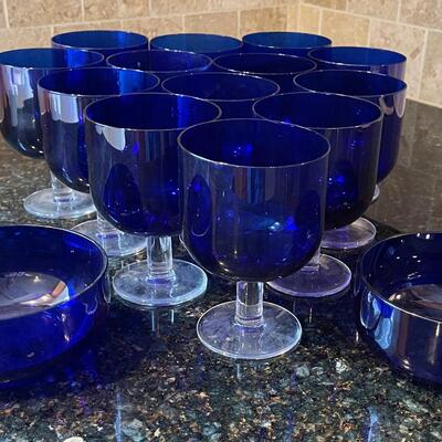 #368 13 Blue Goblets and 2 Cobalt Blue Bowls 