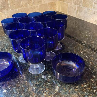 #368 13 Blue Goblets and 2 Cobalt Blue Bowls 