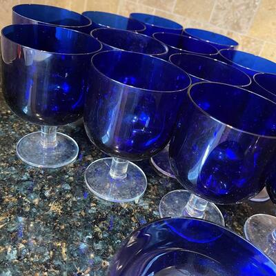#368 13 Blue Goblets and 2 Cobalt Blue Bowls 