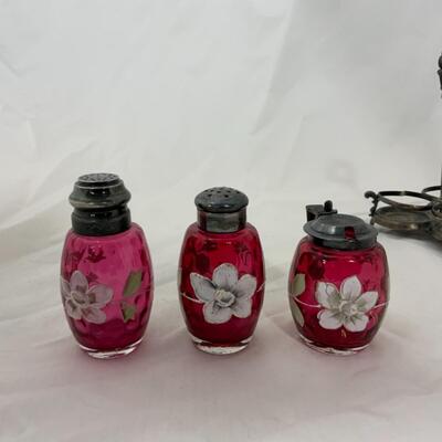 [48] ANTIQUE | Hand Painted Cranberry Cruet 